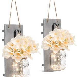 Rustic Wall Sconces - Mason Jars Sconce, Rustic Home Decor,Wrought Iron Hooks, Silk Hydrangea and LED Strip Lights Design 6 Hour Timer Home Decoration (Set of 2)