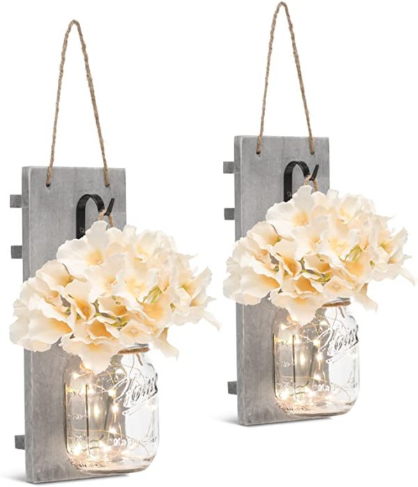 Rustic Wall Sconces - Mason Jars Sconce, Rustic Home Decor,Wrought Iron Hooks, Silk Hydrangea and LED Strip Lights Design 6 Hour Timer Home Decoration (Set of 2)