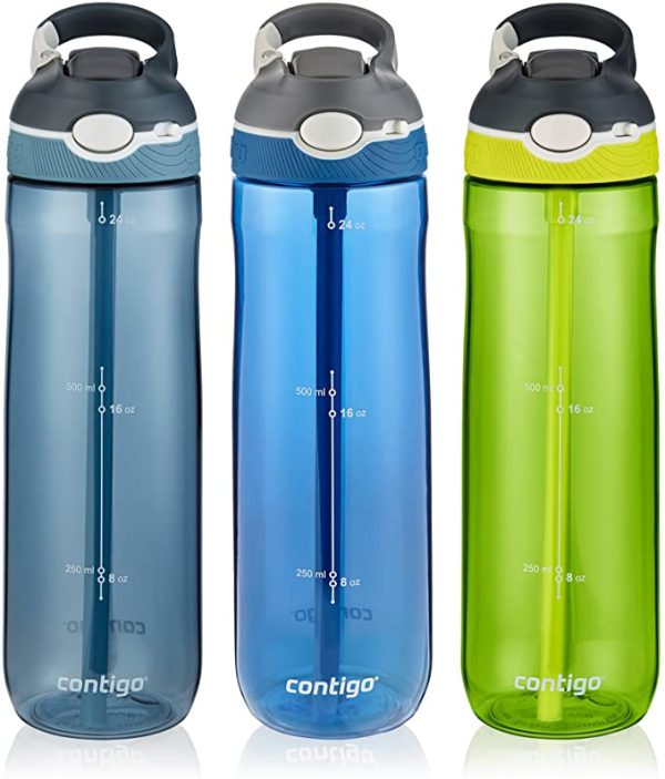 Autospout Straw Ashland Water Bottle, 24 Oz, Stormy Weather/Vibrant Lime/Monaco, 3-pack